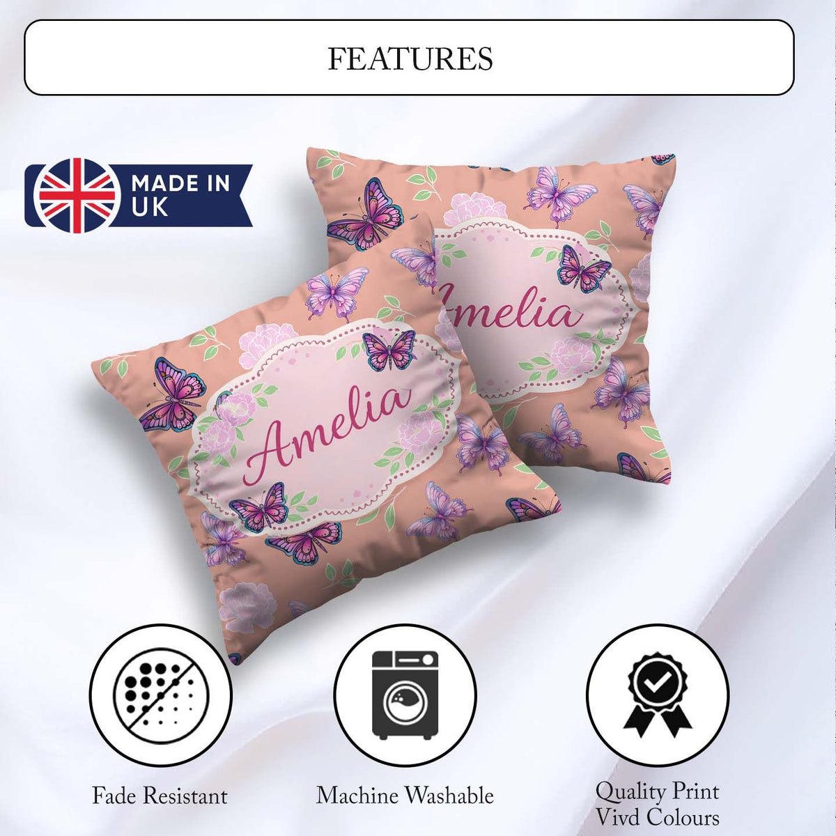 Custom Name Pink Purple Butterfly Floral Yellow Seamless Pattern Square Filled Cushion Throw Pillow Sofa Bed Home Decor Zip Washable UK Made
