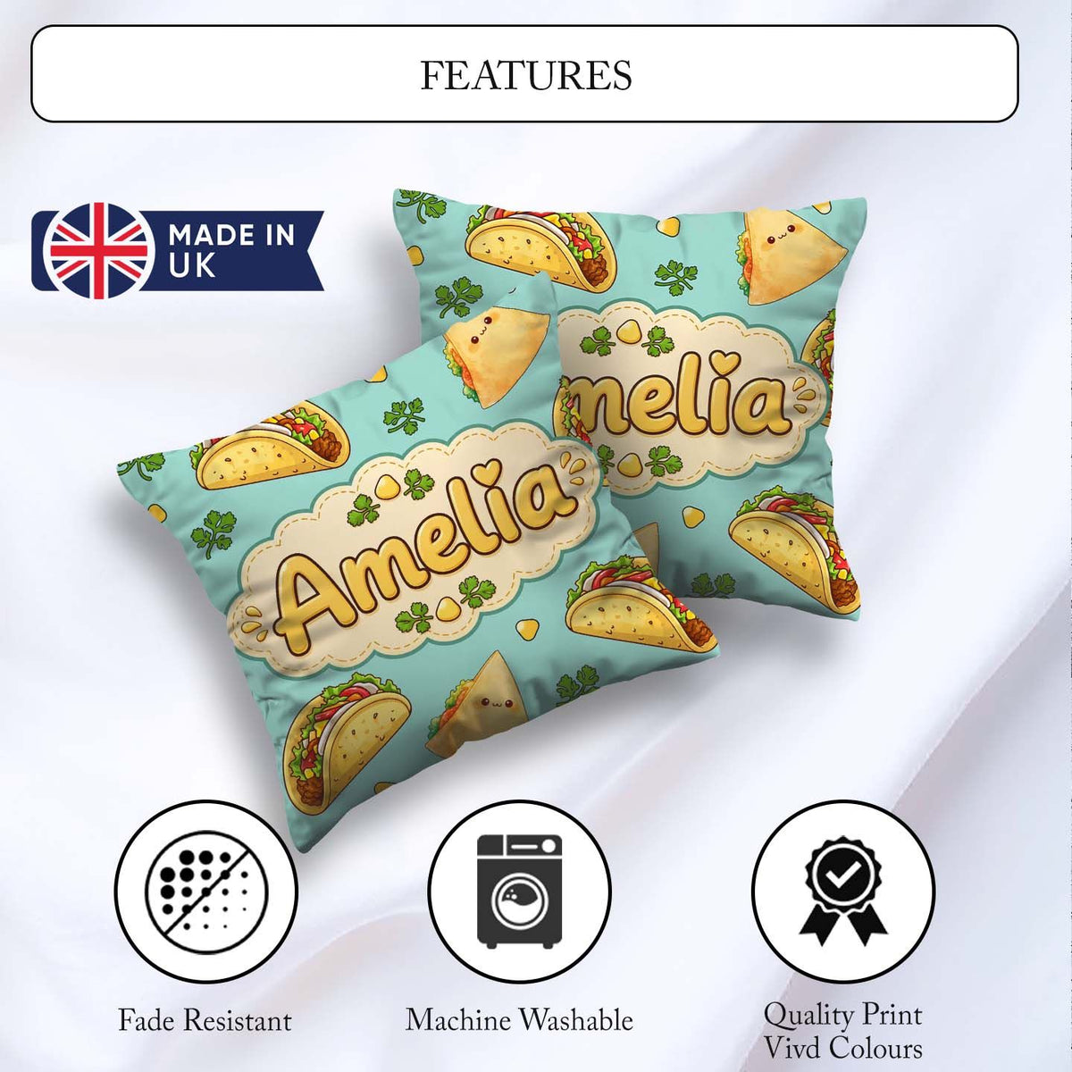 Custom Name Kawaii Tacos and Wraps Seamless Teal Background Name Square Filled Cushion Throw Pillow Sofa Bed Home Decor Zip Washable UK Made