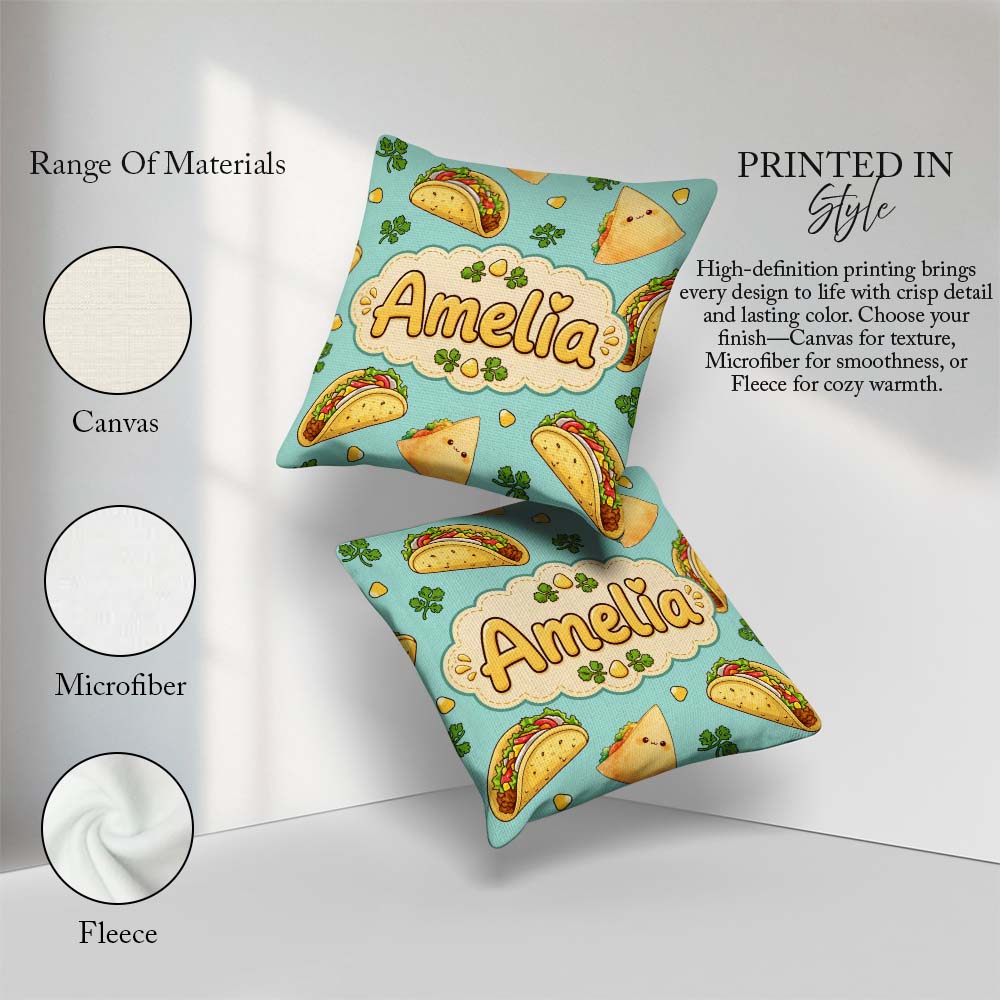 Custom Name Kawaii Tacos and Wraps Seamless Teal Background Name Square Filled Cushion Throw Pillow Sofa Bed Home Decor Zip Washable UK Made