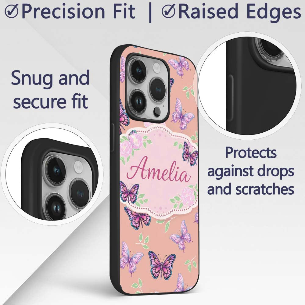 Pink Purple Butterfly Floral Yellow Background Custom Name Protective Phone Case Mobile Cover Durable Everyday Smartphone Shock Resistant