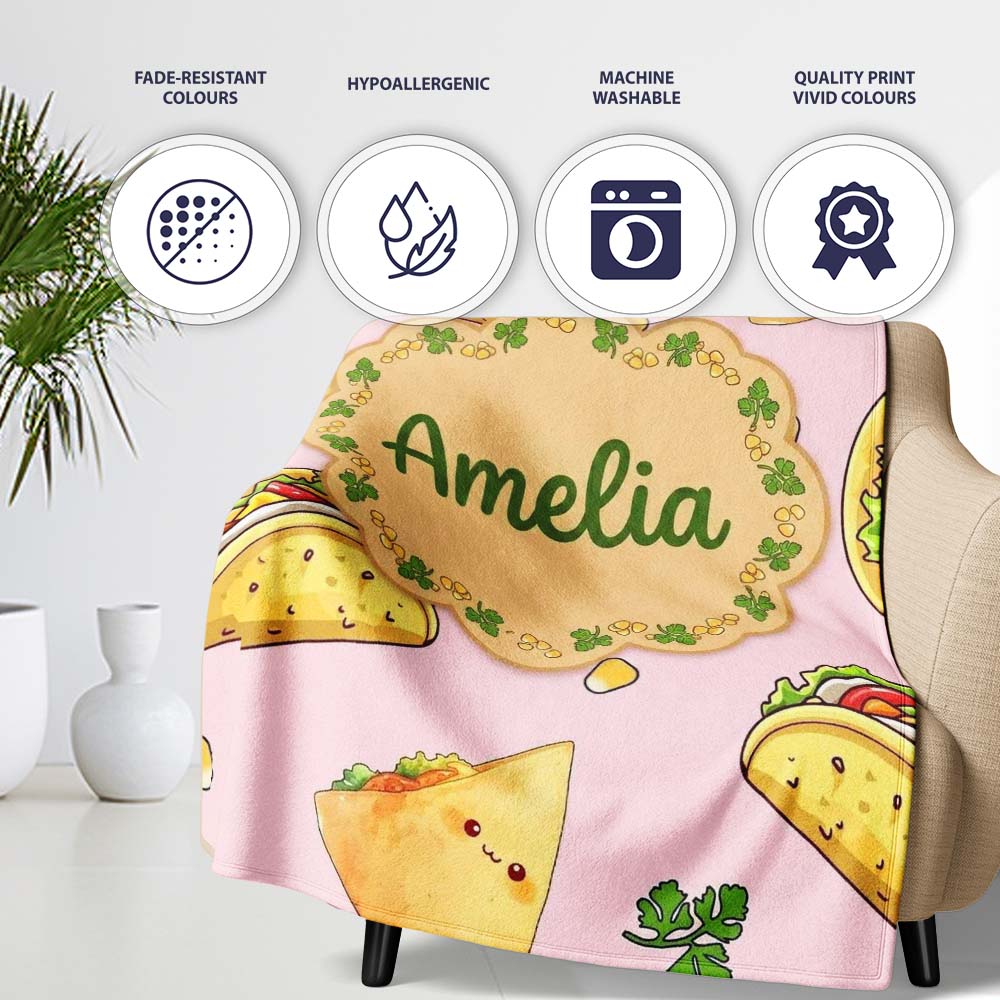 Cute Kawaii Tacos and Wraps Seamless Pattern Soft Pink Background Personalised Custom Name Super Soft Fleece Blanket Bed Sofa Throw