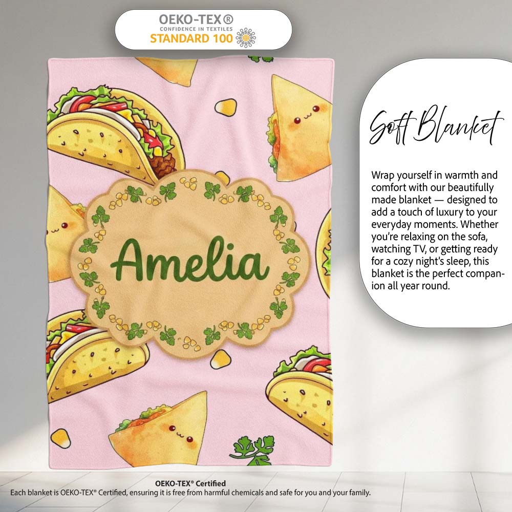 Cute Kawaii Tacos and Wraps Seamless Pattern Soft Pink Background Personalised Custom Name Super Soft Fleece Blanket Bed Sofa Throw