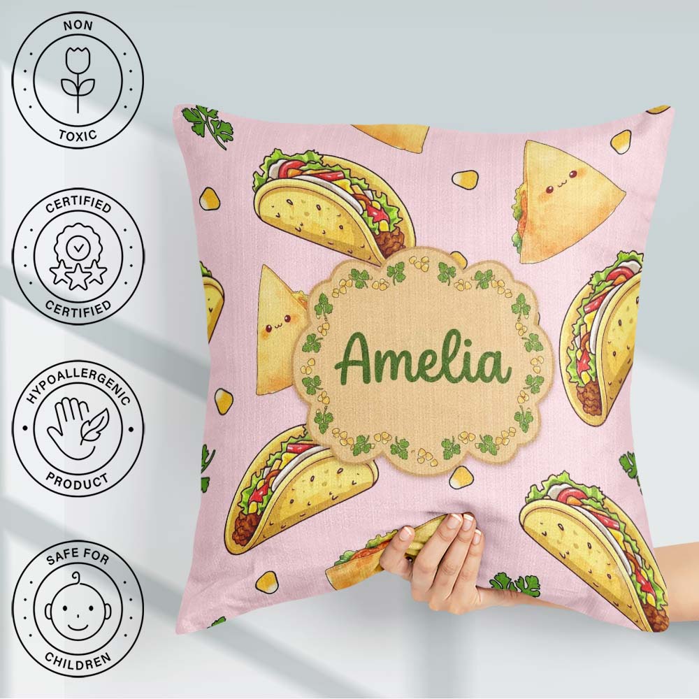 Custom Name Kawaii Tacos and Wraps Seamless Soft Pink Background Square Filled Cushion Throw Pillow Sofa Bed Home Decor Zip Washable UK Made