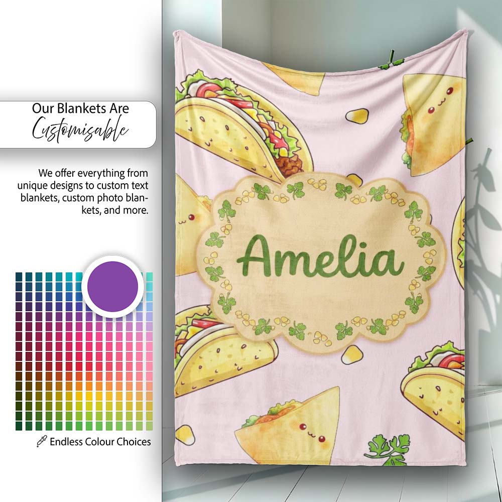 Cute Kawaii Tacos and Wraps Seamless Pattern Soft Pink Background Personalised Custom Name Super Soft Fleece Blanket Bed Sofa Throw