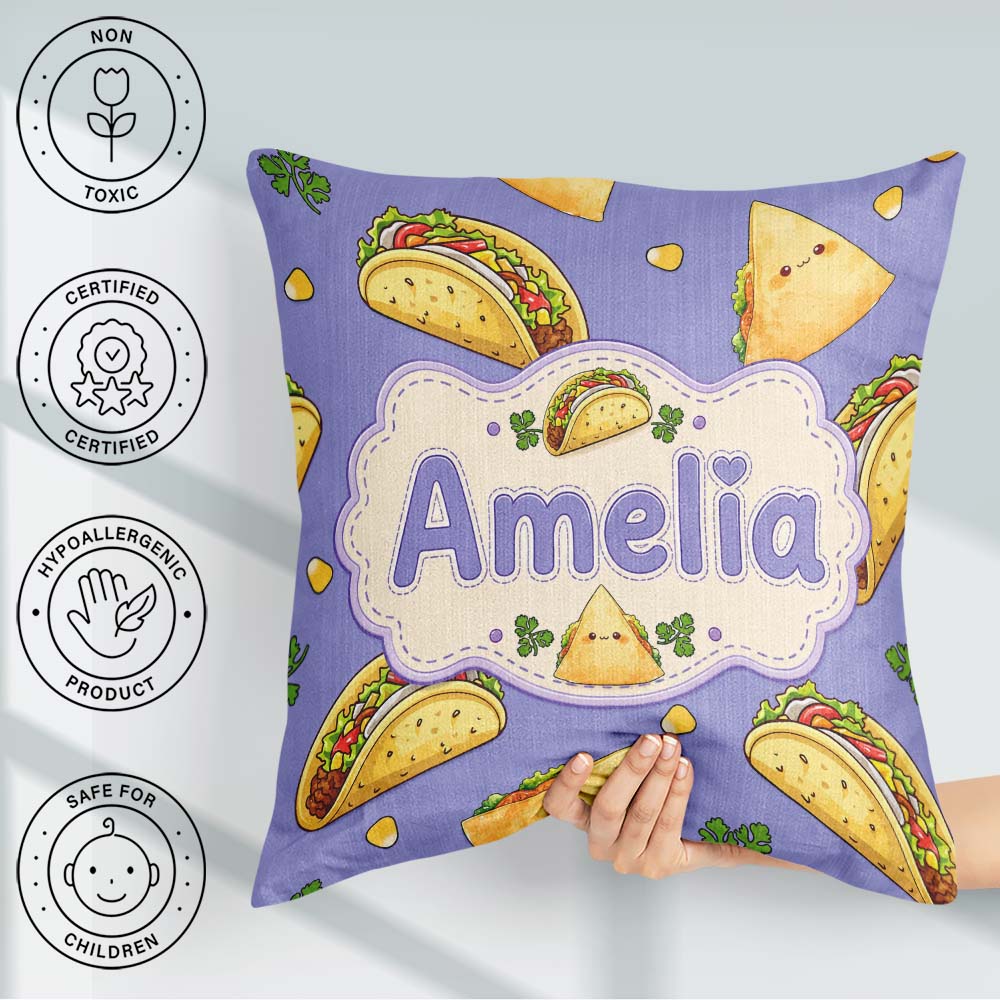 Custom Name Cute Kawaii Tacos and Wraps Seamless Pattern Purple Square Filled Cushion Throw Pillow Sofa Bed Home Decor Zip Washable UK Made