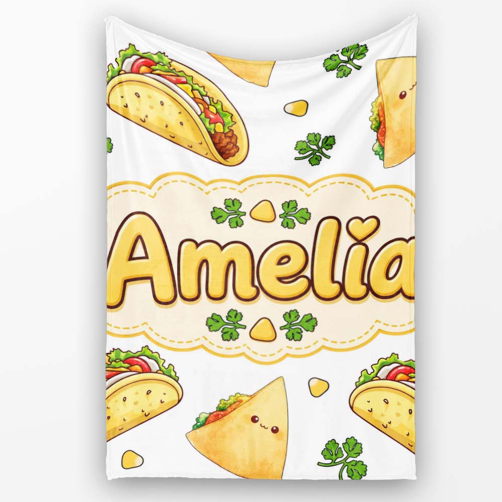 Cute Kawaii Tacos and Wraps Seamless Pattern Light Grey Background Personalised Custom Name Super Soft Fleece Blanket Bed Sofa Throw