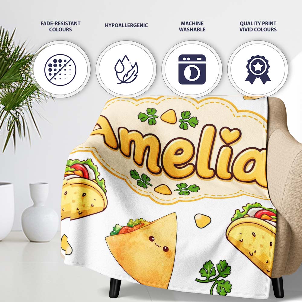 Cute Kawaii Tacos and Wraps Seamless Pattern Light Grey Background Personalised Custom Name Super Soft Fleece Blanket Bed Sofa Throw