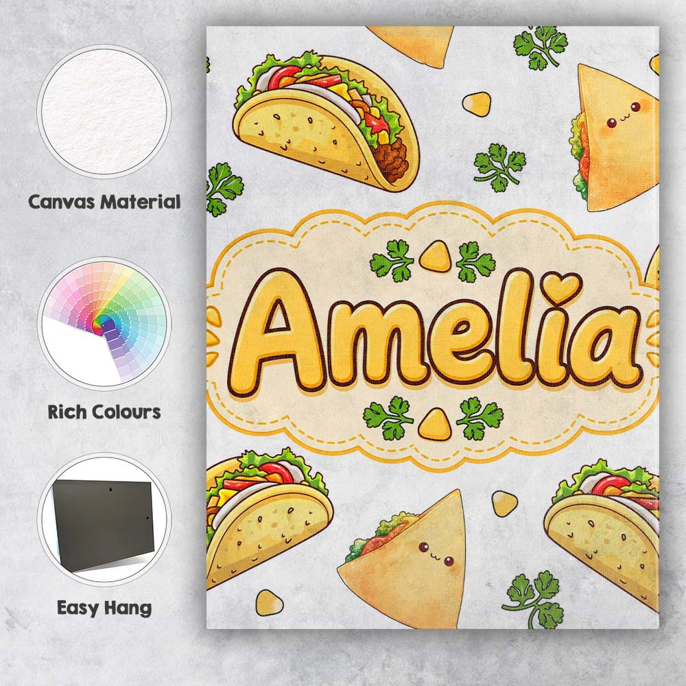 Personalised Name Cute Kawaii Tacos and Custom Modern Room Accent Elegant Feature Canvas Wall Art Print Decor Picture Ready to Hang