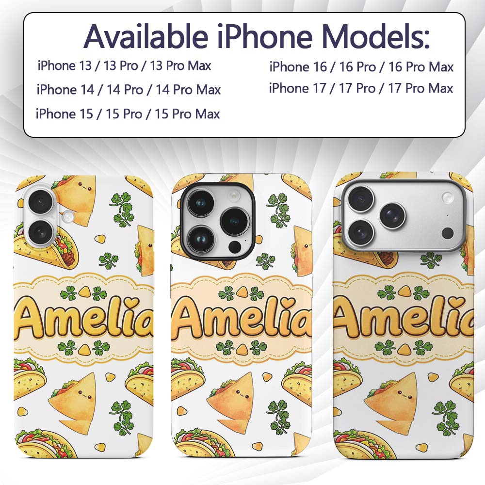 Cute Kawaii Tacos and Wraps Seamless Pattern Custom Name Protective Phone Case Mobile Cover Durable Everyday Smartphone Shock Resistant