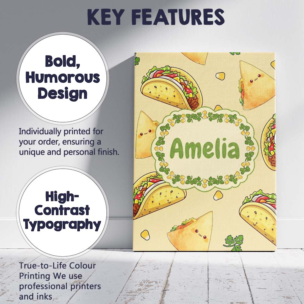 Personalised Name Cute Kawaii Tacos and Custom Modern Room Accent Elegant Feature Canvas Wall Art Print Decor Picture Ready to Hang