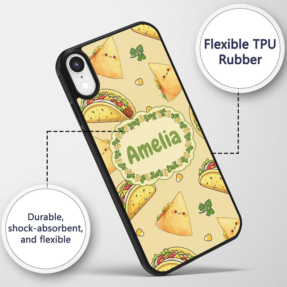 Cute Kawaii Tacos and Wraps Seamless Pattern Custom Name Protective Phone Case Mobile Cover Durable Everyday Smartphone Shock Resistant