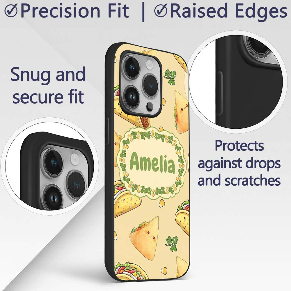 Cute Kawaii Tacos and Wraps Seamless Pattern Custom Name Protective Phone Case Mobile Cover Durable Everyday Smartphone Shock Resistant