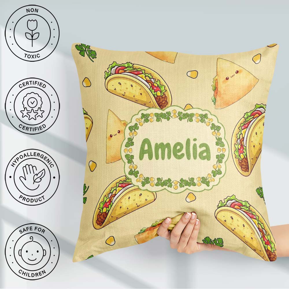 Custom Name Cute Kawaii Tacos and Wraps Seamless Pattern Yellow Square Filled Cushion Throw Pillow Sofa Bed Home Decor Zip Washable UK Made