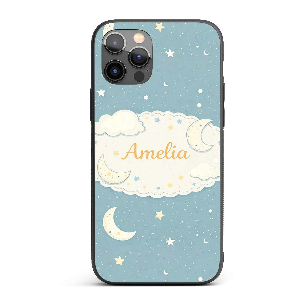 Light Blue Night Sky Moon Hanging Stars Cute Custom Name Protective Phone Case Mobile Cover Durable Everyday Smartphone Shock Resistant