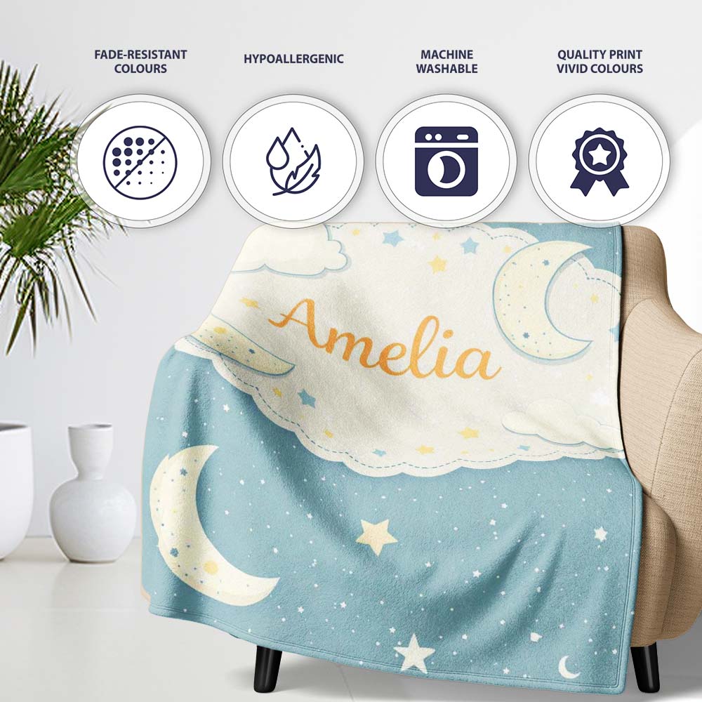Light Blue Night Sky Moon Hanging Stars Cute Seamless Pattern Lovely Personalised Custom Name Super Soft Fleece Blanket Bed Sofa Throw