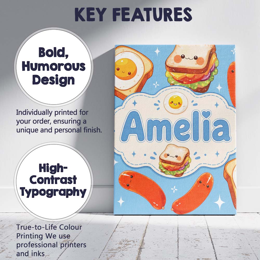 Personalised Name Kawaii Breakfast Eggs Custom Modern Room Accent Elegant Feature Canvas Wall Art Print Decor Picture Ready to Hang