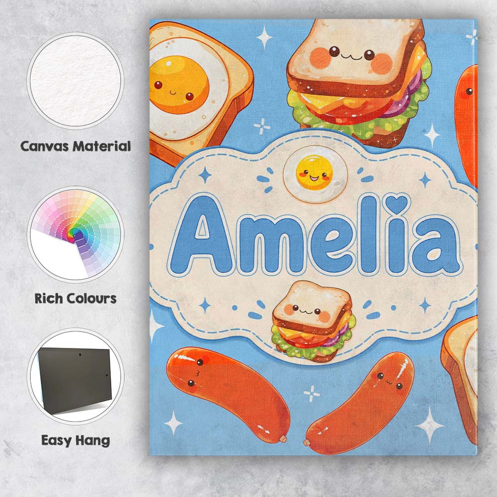 Personalised Name Kawaii Breakfast Eggs Custom Modern Room Accent Elegant Feature Canvas Wall Art Print Decor Picture Ready to Hang