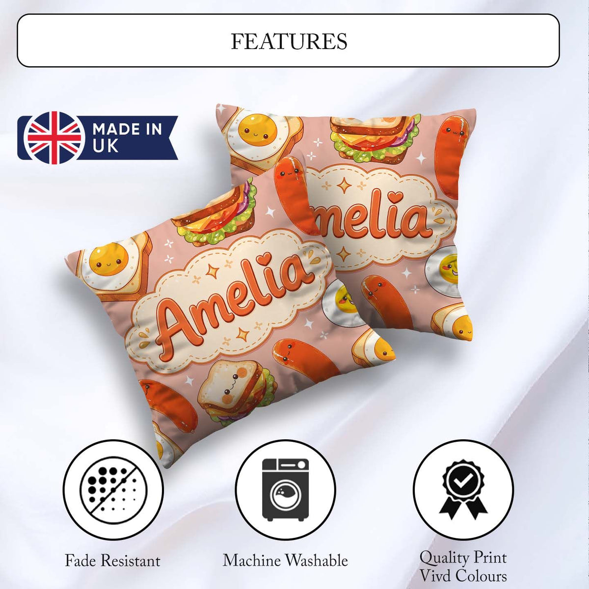 Custom Name Kawaii Breakfast Sausage and Sandwich Beige Seamless Square Filled Cushion Throw Pillow Sofa Bed Home Decor Zip Washable UK Made