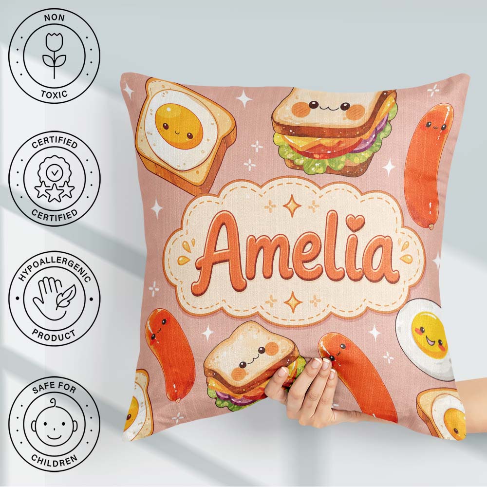 Custom Name Kawaii Breakfast Sausage and Sandwich Beige Seamless Square Filled Cushion Throw Pillow Sofa Bed Home Decor Zip Washable UK Made