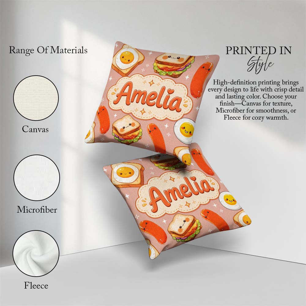 Custom Name Kawaii Breakfast Sausage and Sandwich Beige Seamless Square Filled Cushion Throw Pillow Sofa Bed Home Decor Zip Washable UK Made