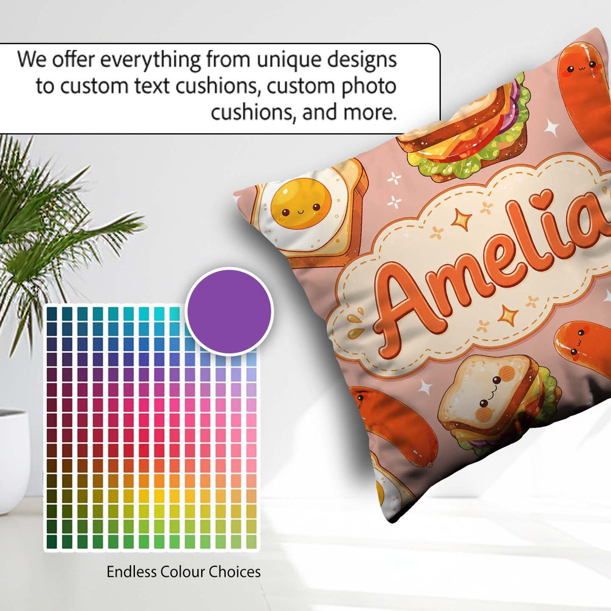Custom Name Kawaii Breakfast Sausage and Sandwich Beige Seamless Square Filled Cushion Throw Pillow Sofa Bed Home Decor Zip Washable UK Made