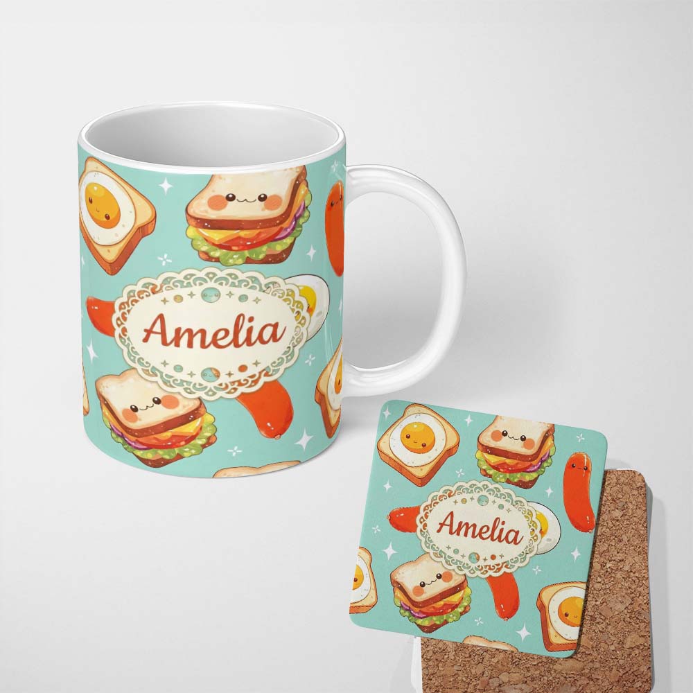 Personalized Custom Name Kawaii Breakfast Eggs Sausage and Sandwich Teal Seamless Pattern 11oz Ceramic Coffee Tea Mug White Large Handle