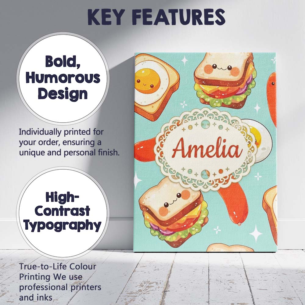 Personalised Name Kawaii Breakfast Eggs Custom Modern Room Accent Elegant Feature Canvas Wall Art Print Decor Picture Ready to Hang