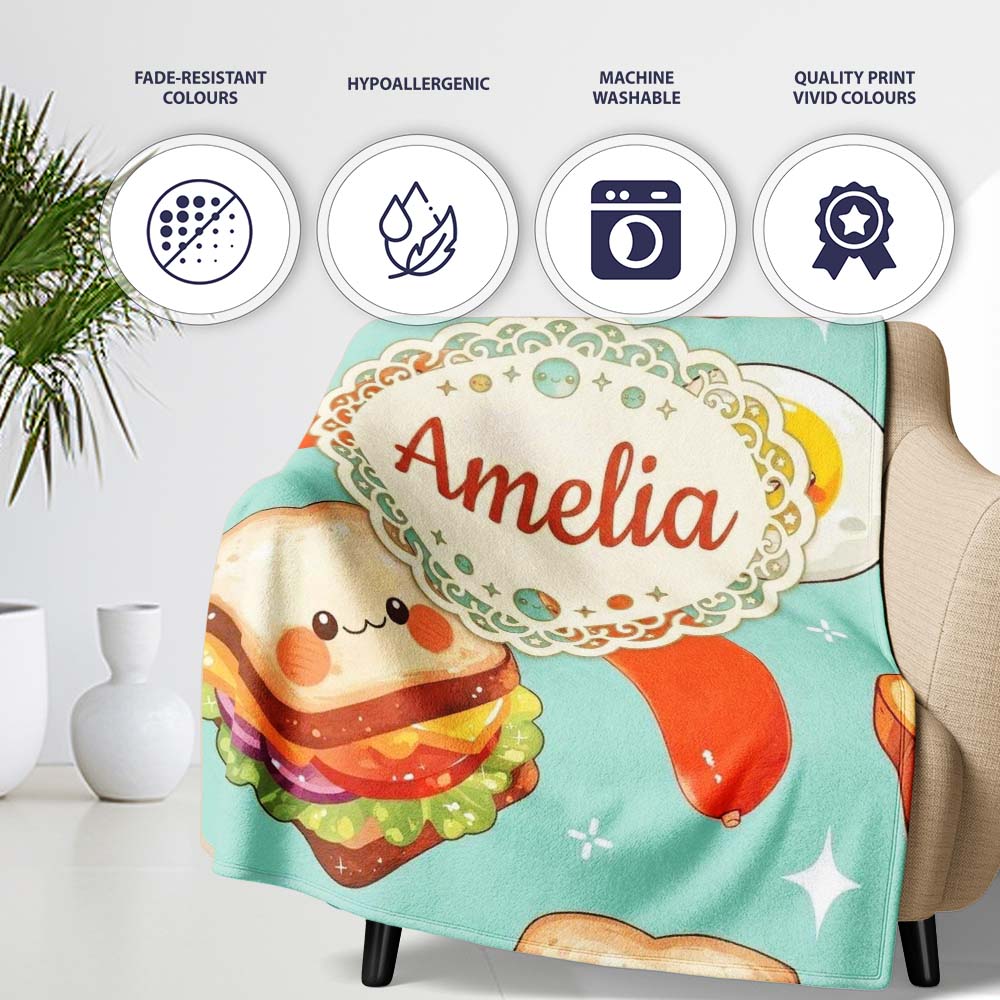 Kawaii Breakfast Eggs Sausage and Sandwich Teal Seamless Pattern Personalised Custom Name Super Soft Fleece Blanket Bed Sofa Throw