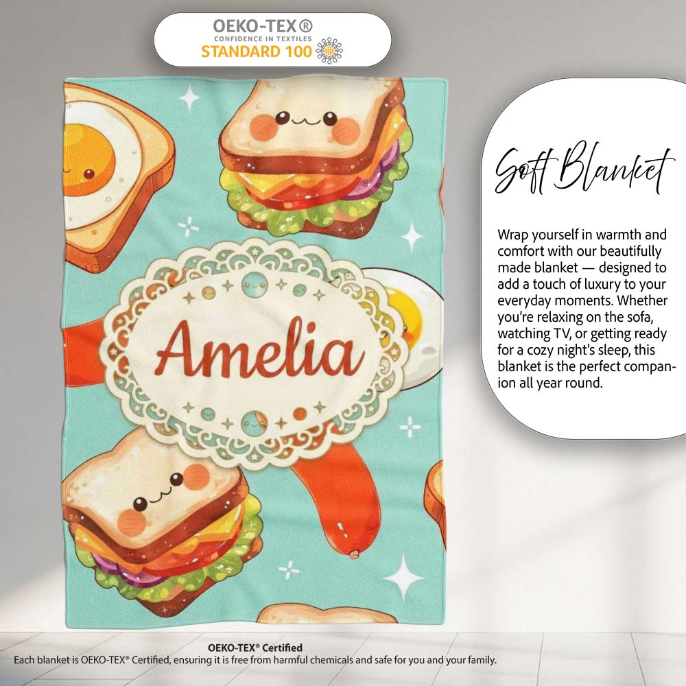 Kawaii Breakfast Eggs Sausage and Sandwich Teal Seamless Pattern Personalised Custom Name Super Soft Fleece Blanket Bed Sofa Throw