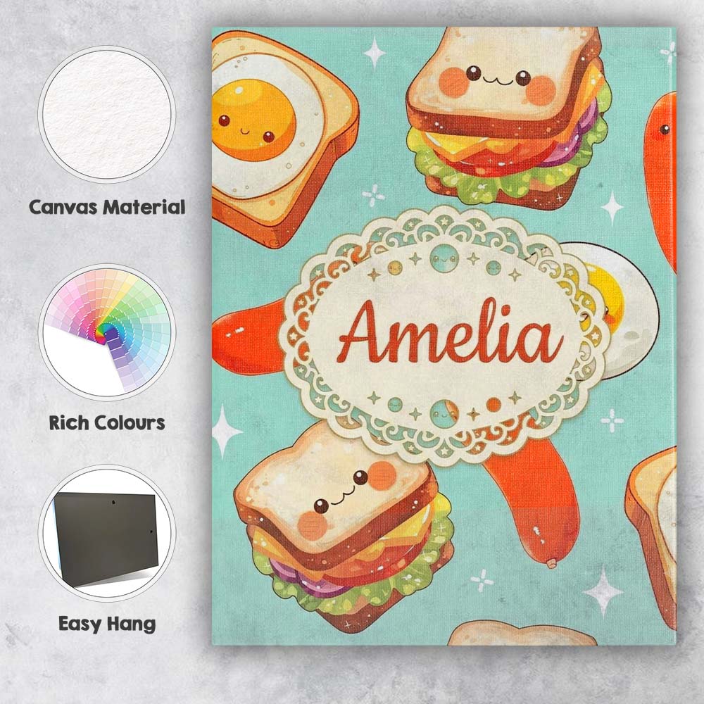Personalised Name Kawaii Breakfast Eggs Custom Modern Room Accent Elegant Feature Canvas Wall Art Print Decor Picture Ready to Hang