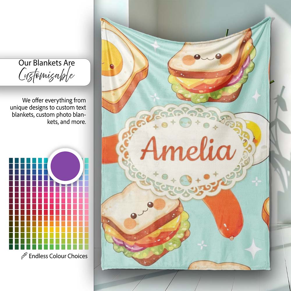 Kawaii Breakfast Eggs Sausage and Sandwich Teal Seamless Pattern Personalised Custom Name Super Soft Fleece Blanket Bed Sofa Throw