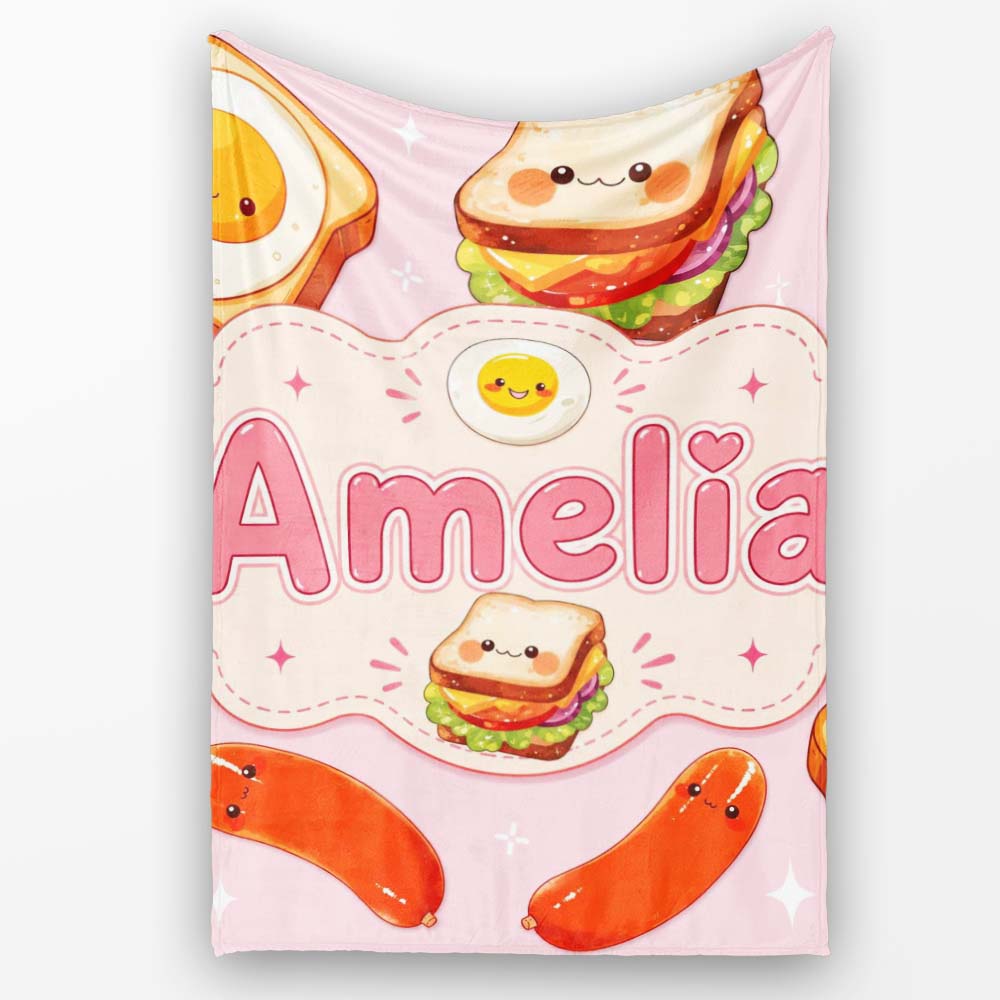 Kawaii Breakfast Eggs Sausage and Sandwich Light Pink Seamless Personalised Custom Name Super Soft Fleece Blanket Bed Sofa Throw