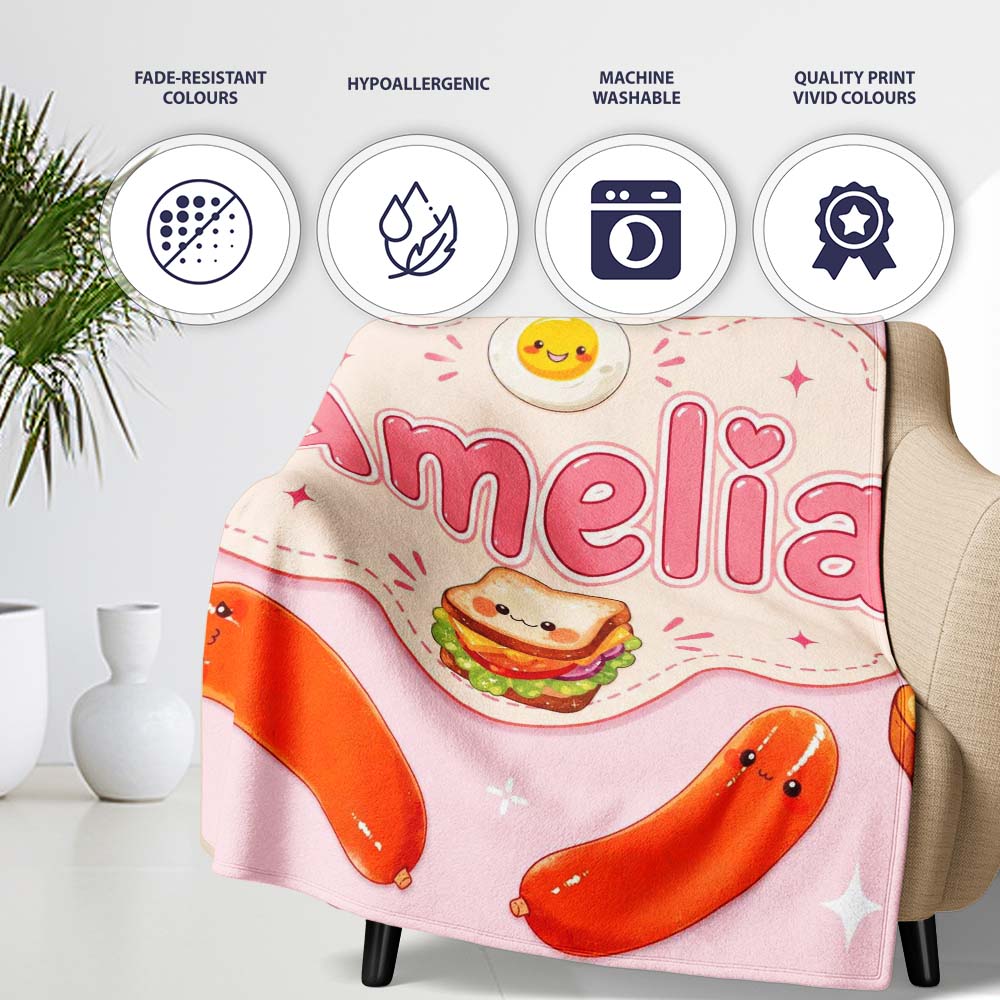 Kawaii Breakfast Eggs Sausage and Sandwich Light Pink Seamless Personalised Custom Name Super Soft Fleece Blanket Bed Sofa Throw