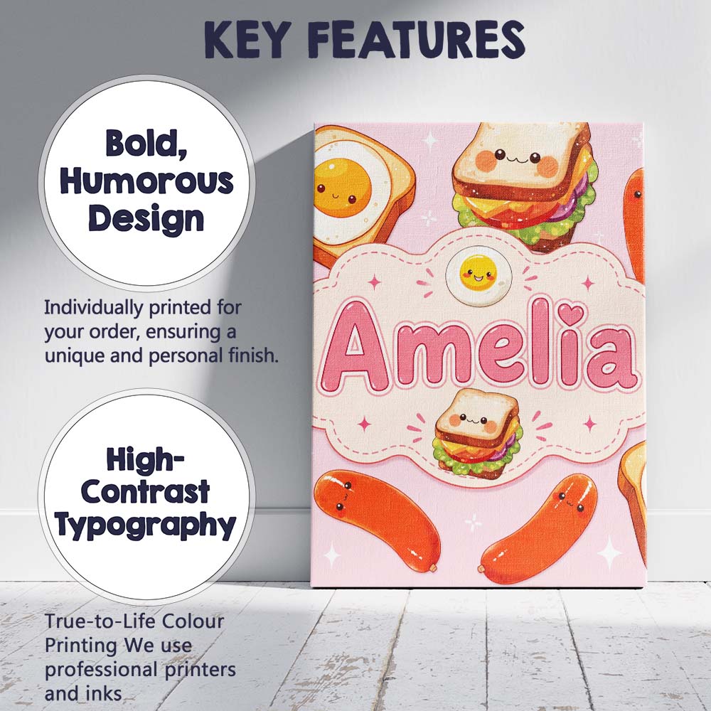 Personalised Name Kawaii Breakfast Eggs Custom Modern Room Accent Elegant Feature Canvas Wall Art Print Decor Picture Ready to Hang