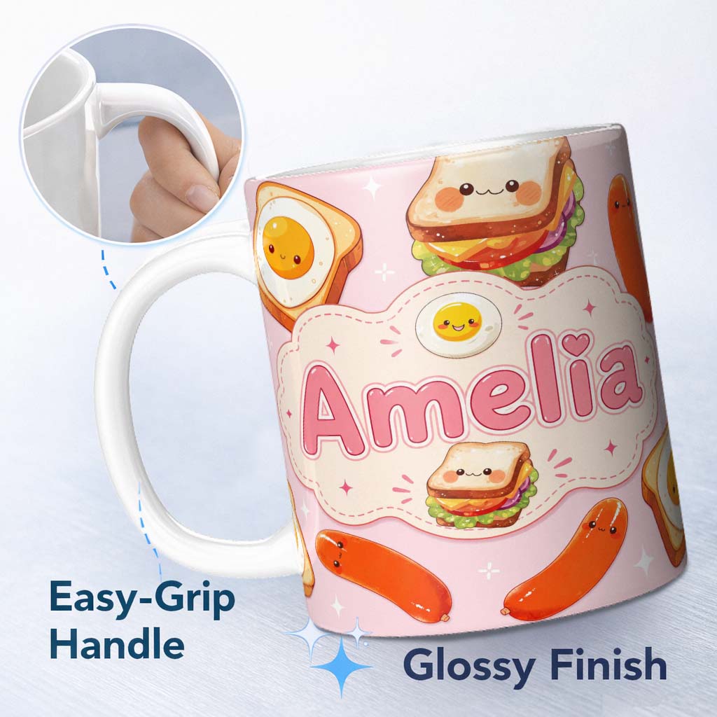 Personalized Custom Name Kawaii Breakfast Eggs Sausage and Sandwich Light Pink Seamless 11oz Ceramic Coffee Tea Mug White Large Handle