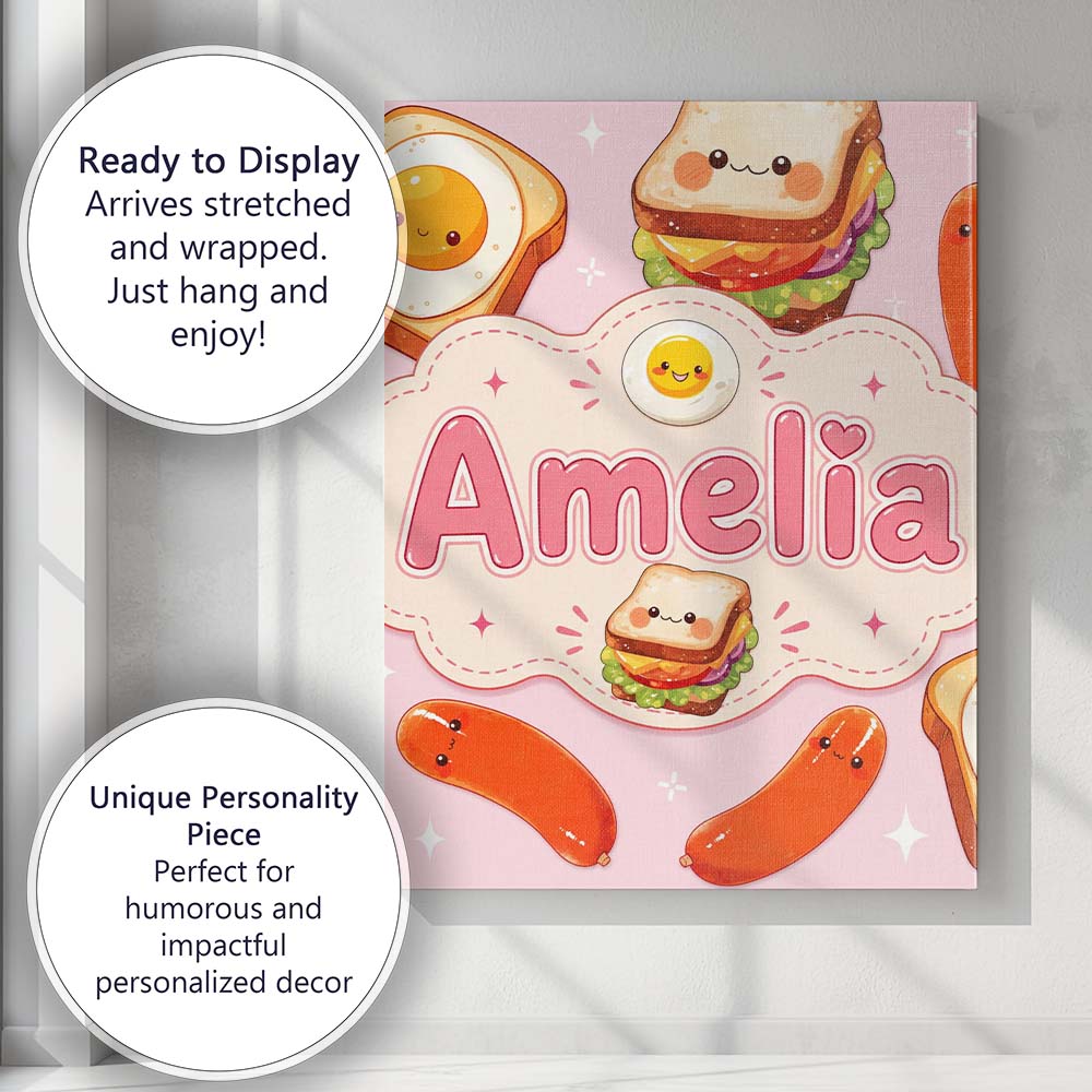 Personalised Name Kawaii Breakfast Eggs Custom Modern Room Accent Elegant Feature Canvas Wall Art Print Decor Picture Ready to Hang