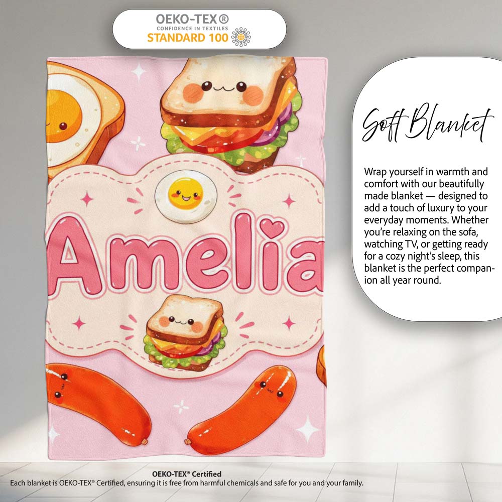 Kawaii Breakfast Eggs Sausage and Sandwich Light Pink Seamless Personalised Custom Name Super Soft Fleece Blanket Bed Sofa Throw