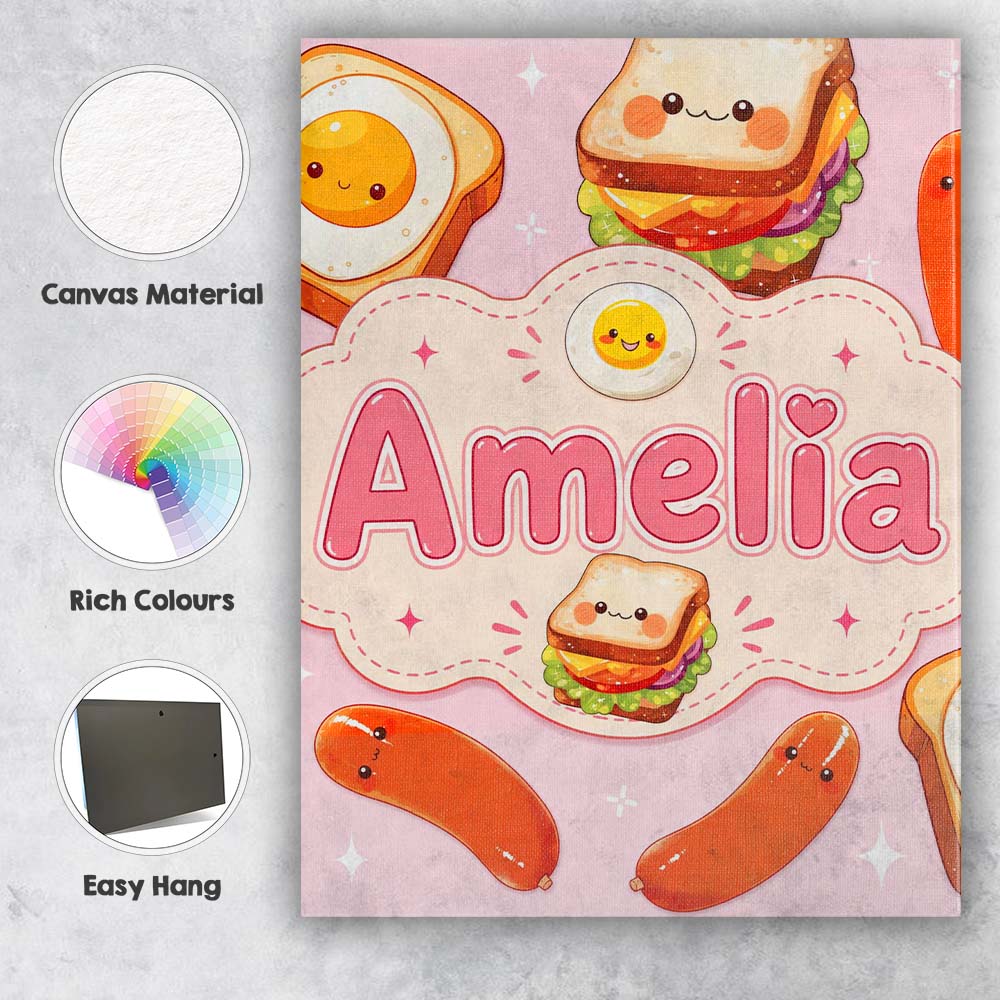 Personalised Name Kawaii Breakfast Eggs Custom Modern Room Accent Elegant Feature Canvas Wall Art Print Decor Picture Ready to Hang