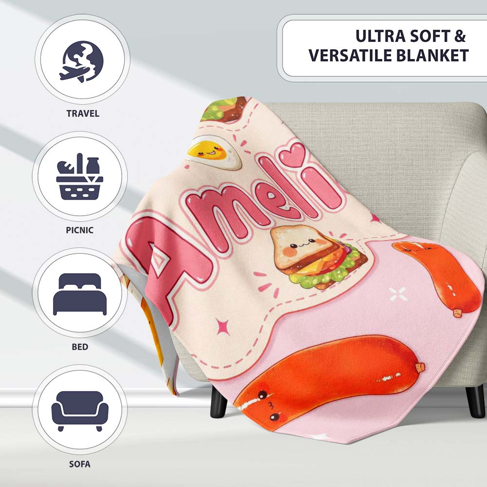 Kawaii Breakfast Eggs Sausage and Sandwich Light Pink Seamless Personalised Custom Name Super Soft Fleece Blanket Bed Sofa Throw