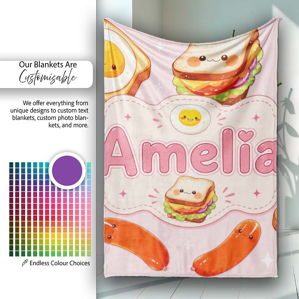 Kawaii Breakfast Eggs Sausage and Sandwich Light Pink Seamless Personalised Custom Name Super Soft Fleece Blanket Bed Sofa Throw