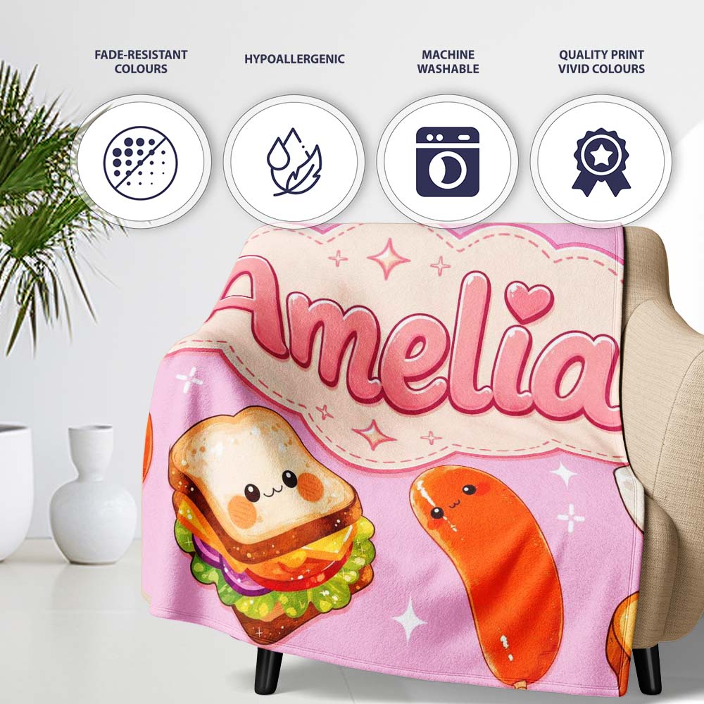 Kawaii Breakfast Eggs Sausage and Sandwich Bright Pink Seamless Personalised Custom Name Super Soft Fleece Blanket Bed Sofa Throw