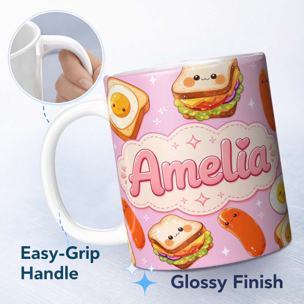 Personalized Custom Name Kawaii Breakfast Eggs Sausage and Sandwich Bright Pink Seamless 11oz Ceramic Coffee Tea Mug White Large Handle