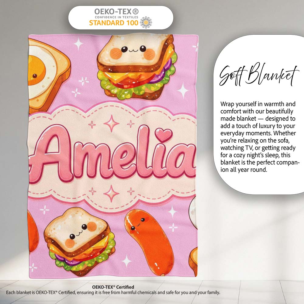 Kawaii Breakfast Eggs Sausage and Sandwich Bright Pink Seamless Personalised Custom Name Super Soft Fleece Blanket Bed Sofa Throw