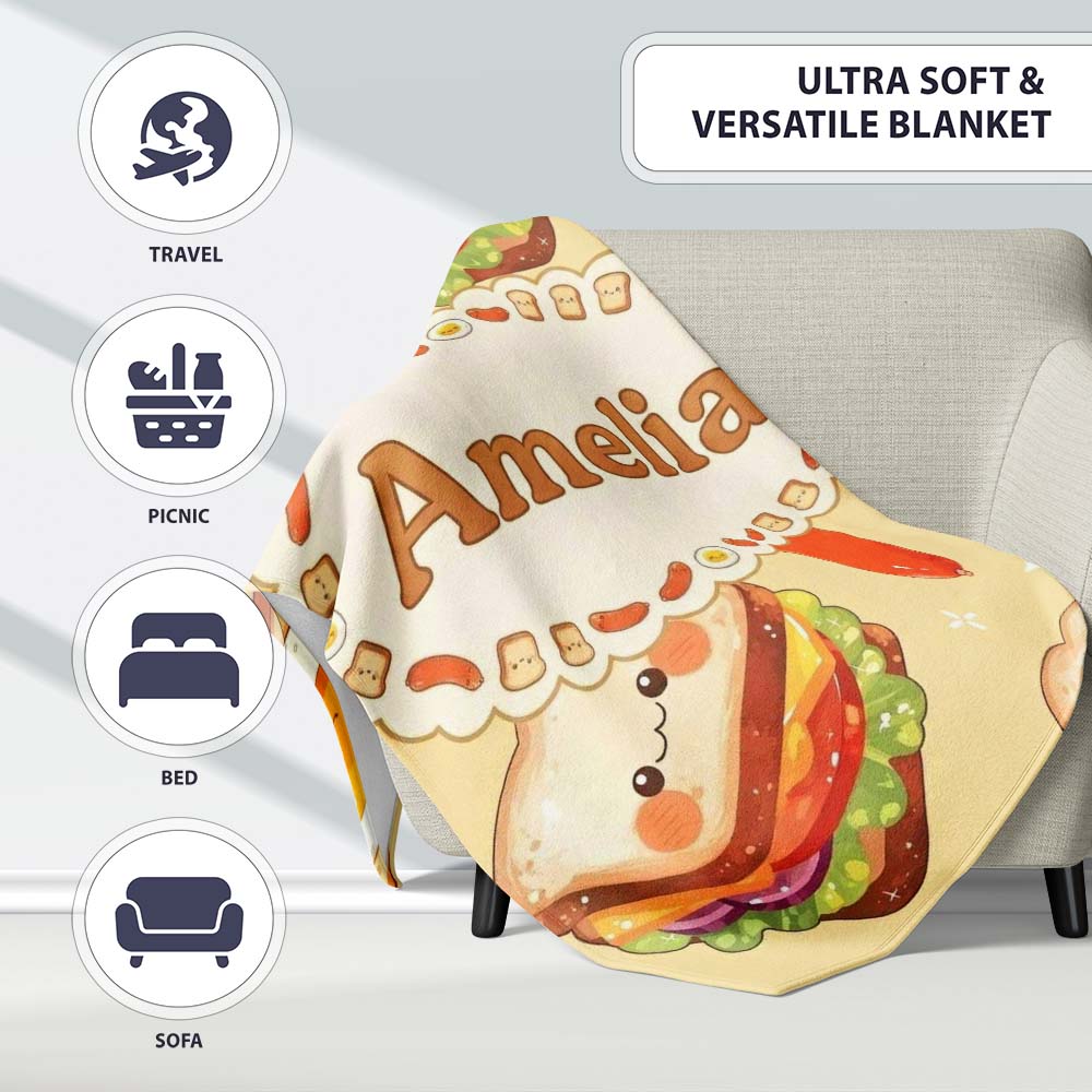 Kawaii Breakfast Eggs Sausage and Sandwich Yellow Seamless Pattern Personalised Custom Name Super Soft Fleece Blanket Bed Sofa Throw