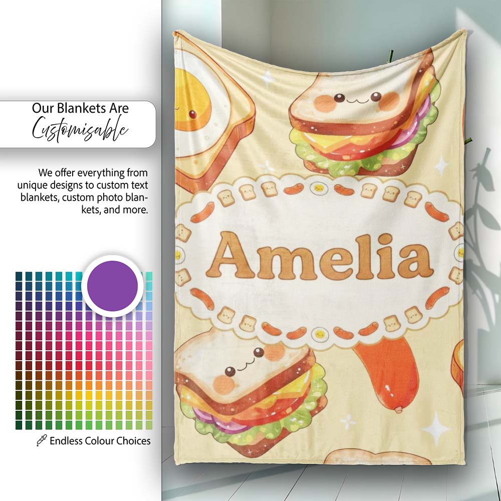 Kawaii Breakfast Eggs Sausage and Sandwich Yellow Seamless Pattern Personalised Custom Name Super Soft Fleece Blanket Bed Sofa Throw