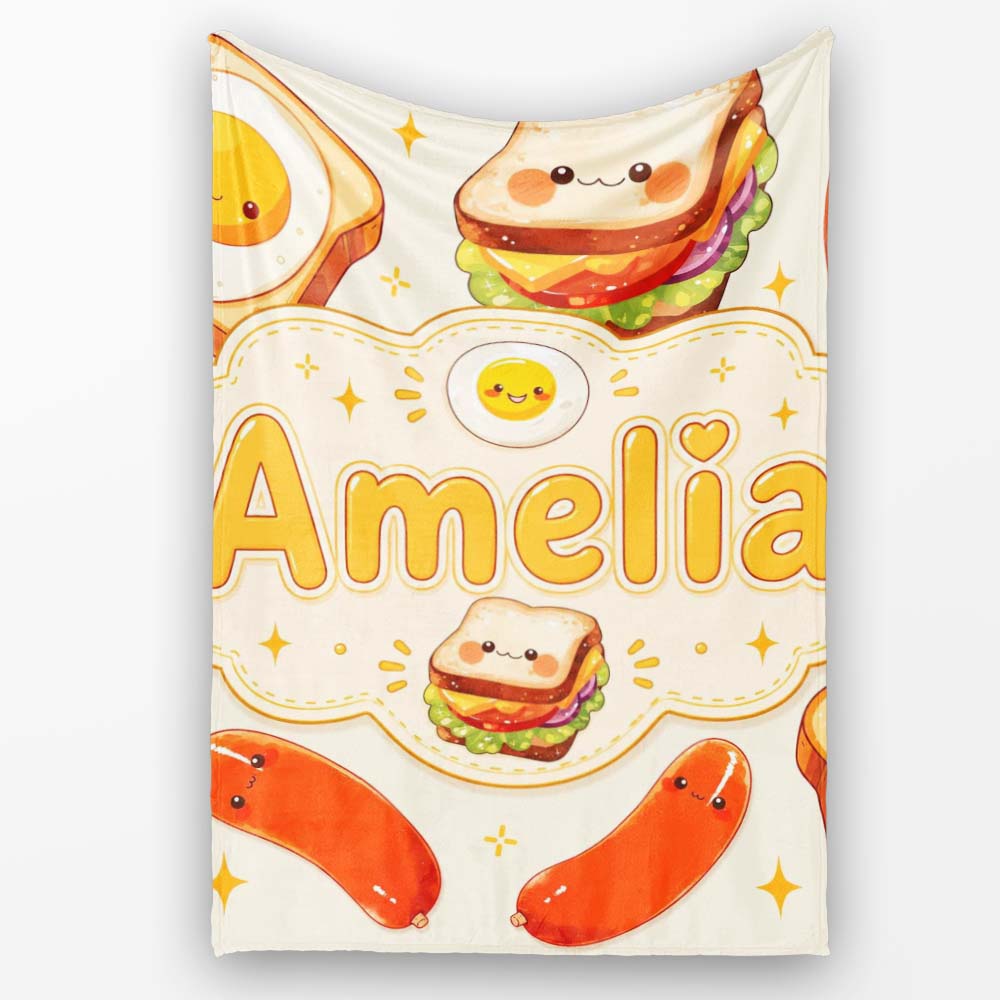 Kawaii Breakfast Eggs Sausage and Sandwich Cream Seamless Pattern Personalised Custom Name Super Soft Fleece Blanket Bed Sofa Throw
