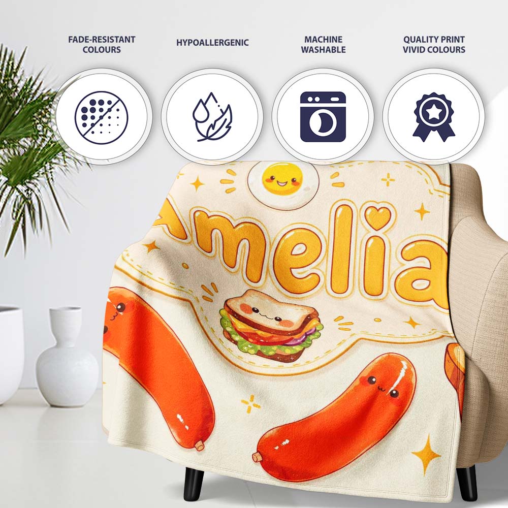 Kawaii Breakfast Eggs Sausage and Sandwich Cream Seamless Pattern Personalised Custom Name Super Soft Fleece Blanket Bed Sofa Throw