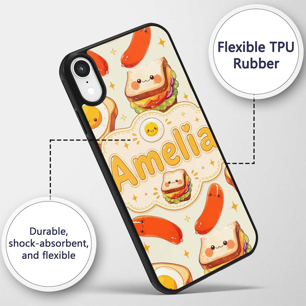 Kawaii Breakfast Eggs Sausage and Sandwich Cream Custom Name Protective Phone Case Mobile Cover Durable Everyday Smartphone Shock Resistant