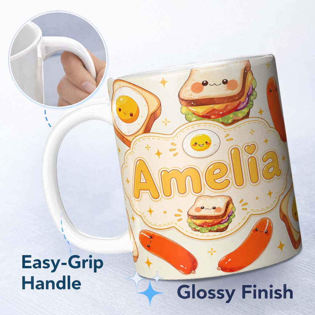 Personalized Custom Name Kawaii Breakfast Eggs Sausage and Sandwich Cream Seamless Pattern 11oz Ceramic Coffee Tea Mug White Large Handle