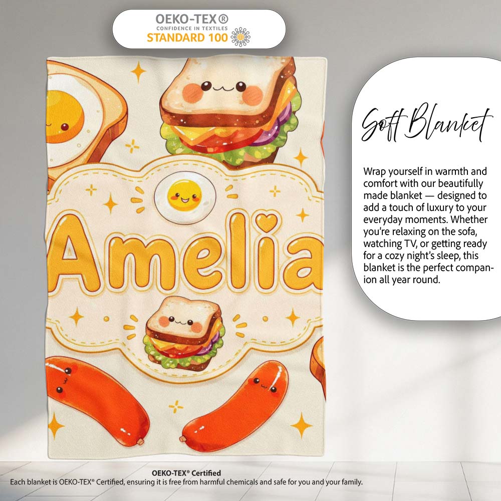 Kawaii Breakfast Eggs Sausage and Sandwich Cream Seamless Pattern Personalised Custom Name Super Soft Fleece Blanket Bed Sofa Throw